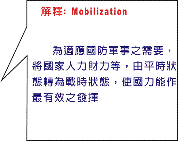 為適應國防軍事之需要，將國家人力財力等，由平時狀態轉為戰時狀態，使國力能作最有效之發揮。